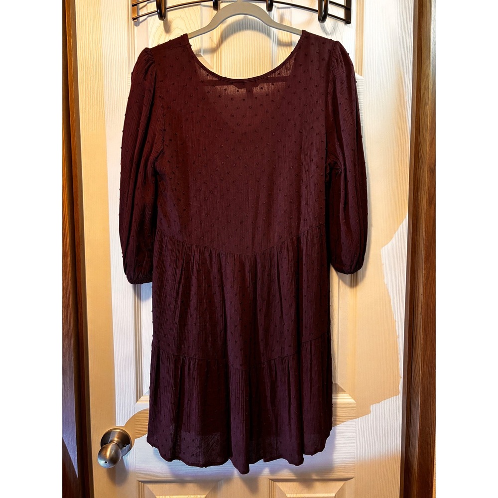 Speechless Brown Clip Dot Tiered Babydoll Mini Dress V-Neck 3/4 Sleeve Small - Picture 2 of 6